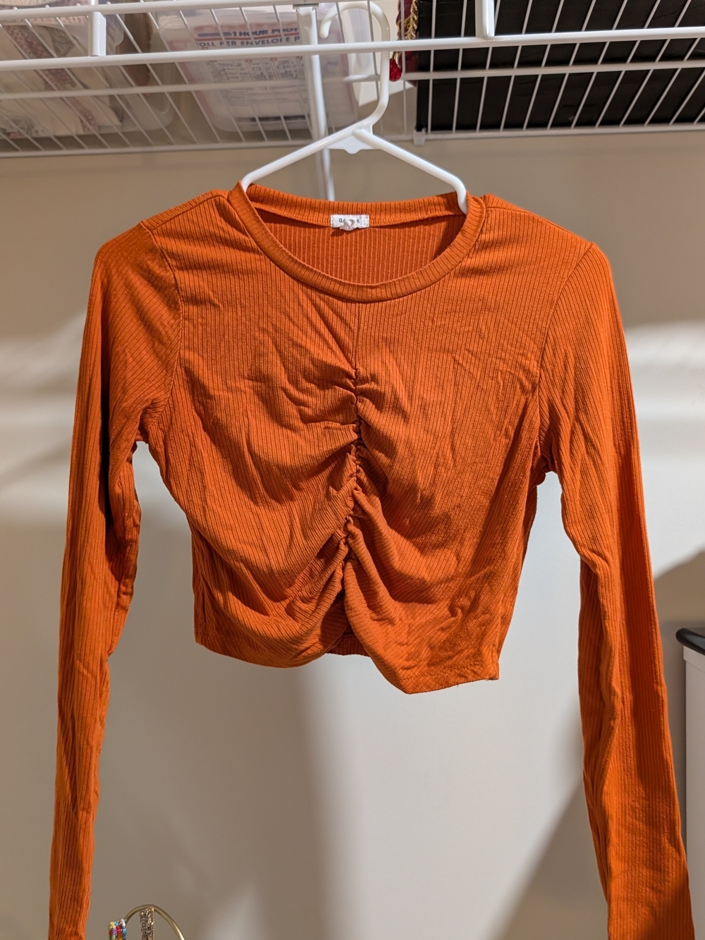 Garage Orange Ruched Ribbed Long-Sleeve Crop Top
